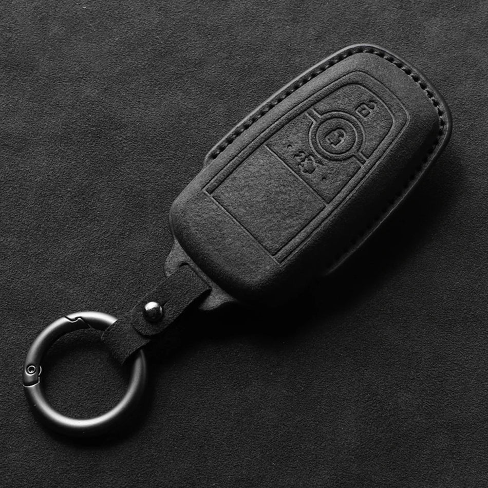 Ford Ranger & Ranger Raptor Smart Remote Key Leather Cover – Black Stitched Leather Metal Ring